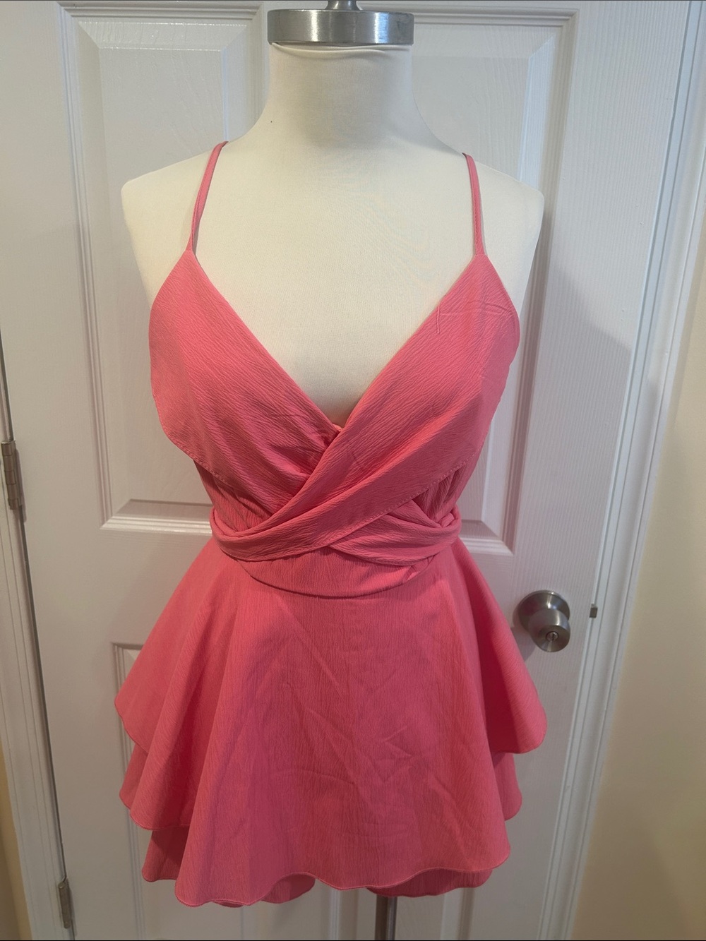Pink Spaghetti-Strap Wrap Mini Dress